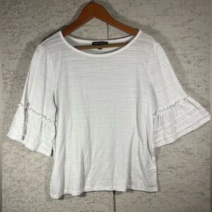 CABLE & GAUGE White Gauzy Boho Blouse Ruffled Bell Sleeves Sz L Coastal Beachy